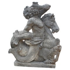 Carved Stone Sculpture or Fountain Element of Triton and Seahorse