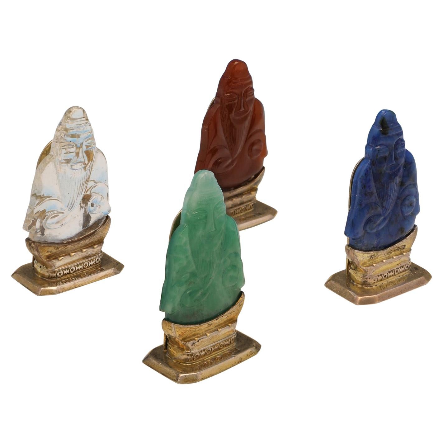 Carved Stone Set of Sterling Silver 'Buddha' Menu Holders, Cohen & Charles, 1929 For Sale