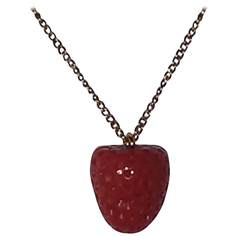 Carved Strawberry Red Coral Charm Necklace For Sale