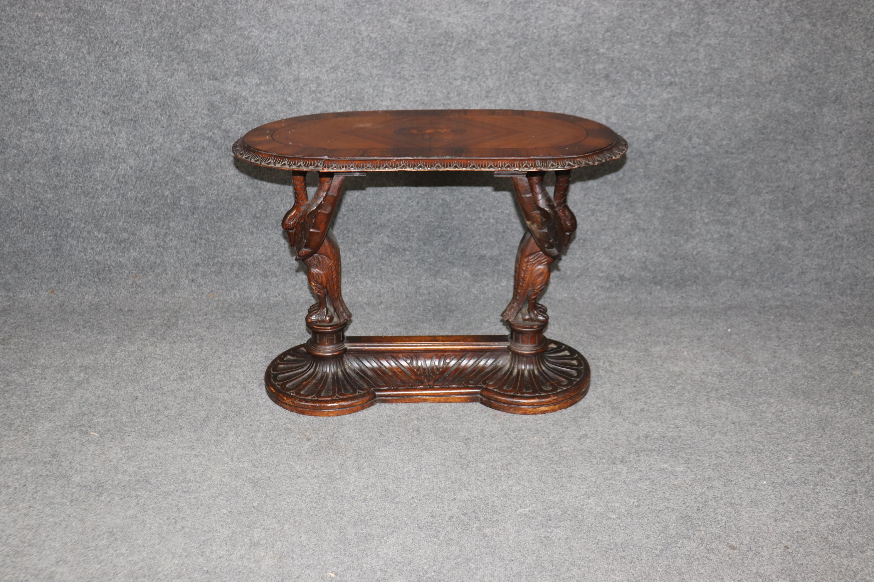 Carved Swans Walnut Inlaid American Victorian Center Coffee Table Manner Pabst In Good Condition In Swedesboro, NJ