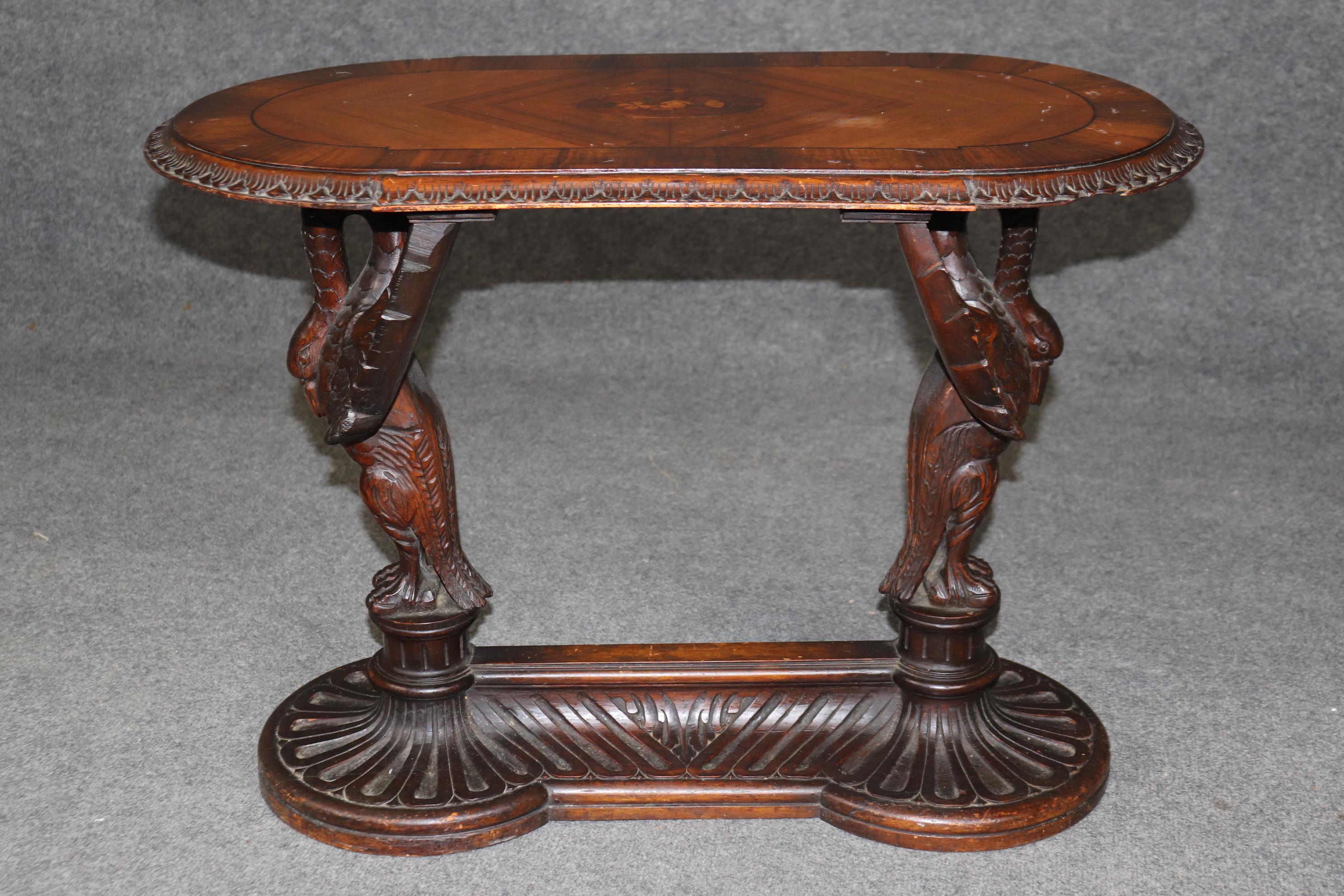Carved Swans Walnut Inlaid American Victorian Center Coffee Table Manner Pabst 1