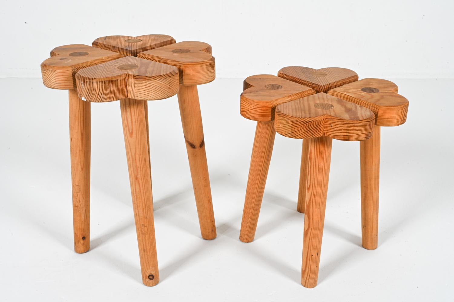 Carved Swedish Pine Clover Stools, Circa 1970's 5