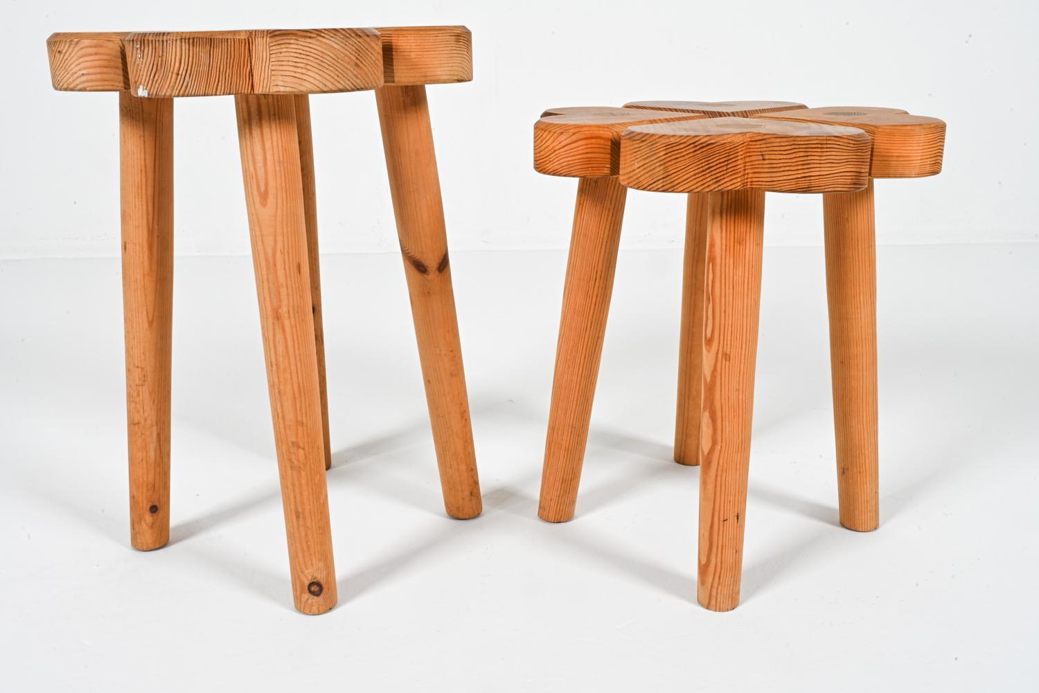 Carved Swedish Pine Clover Stools, Circa 1970's 6