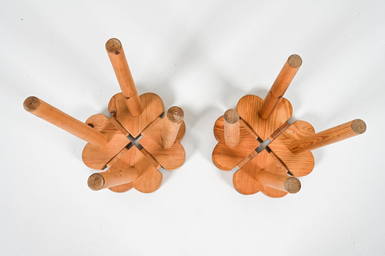 Carved Swedish Pine Clover Stools, Circa 1970's 7