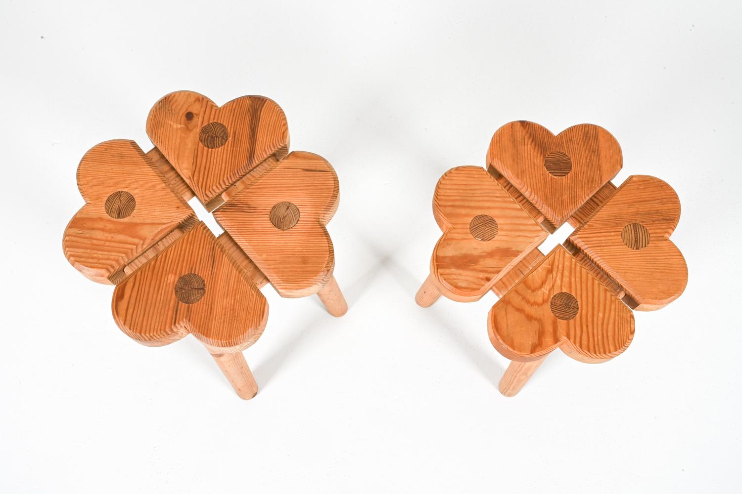 Brutalist Carved Swedish Pine Clover Stools, Circa 1970's