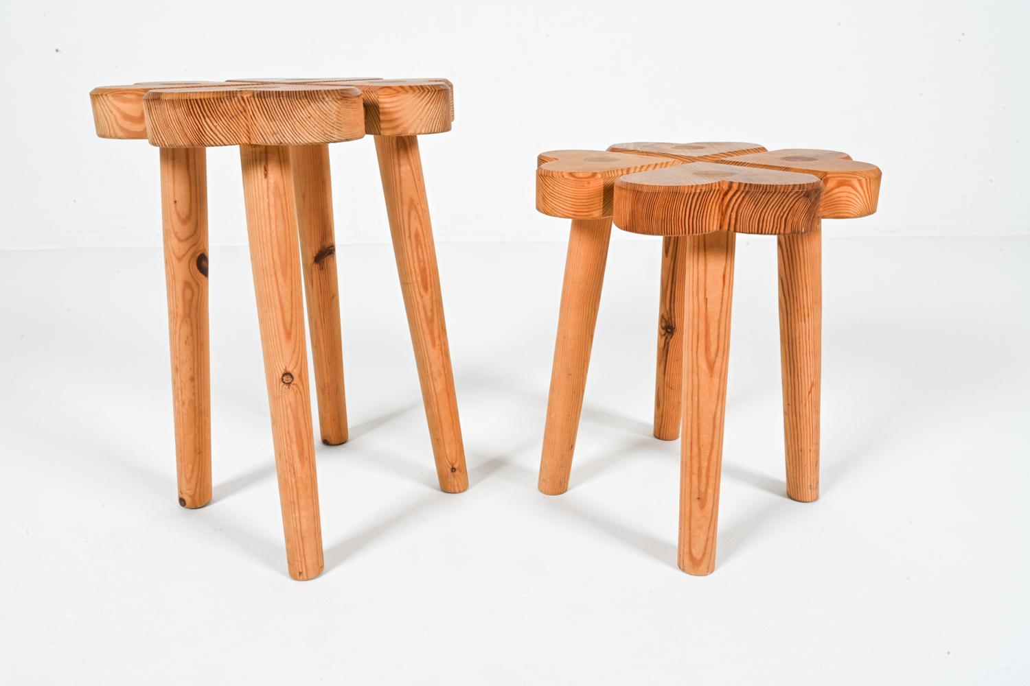 Carved Swedish Pine Clover Stools, Circa 1970's 1