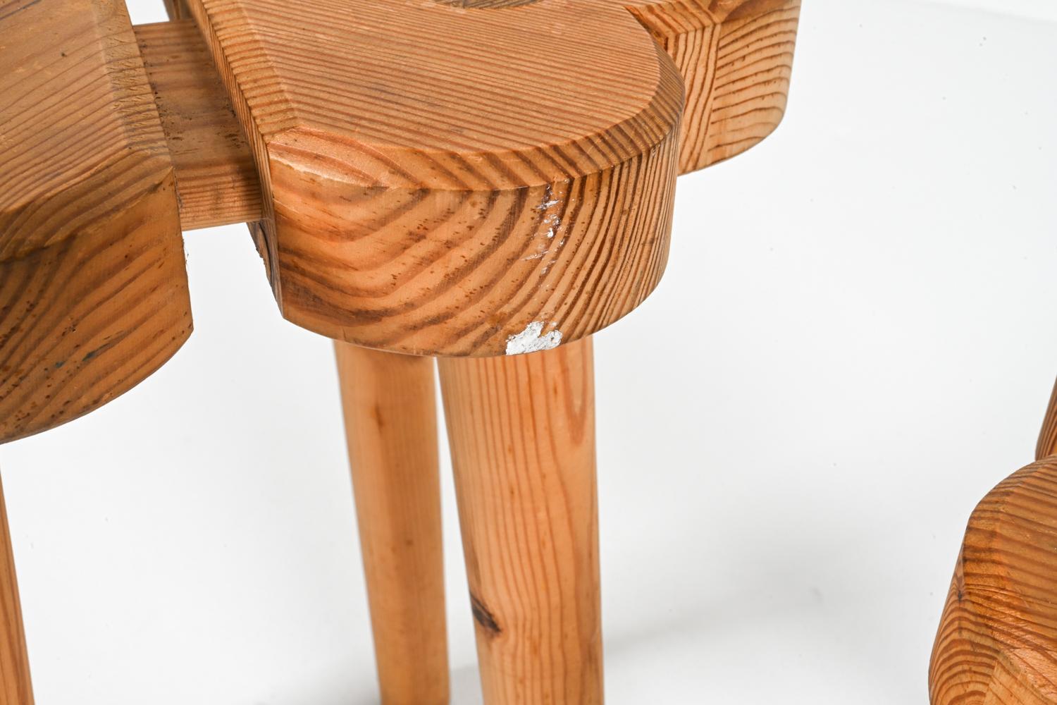 Carved Swedish Pine Clover Stools, Circa 1970's 4