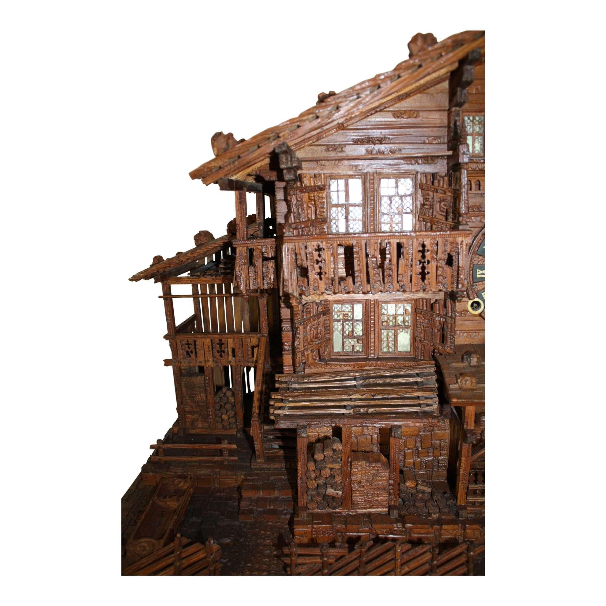 Carved Swiss Black Forest Chalet Clock, circa 1880 For Sale 4