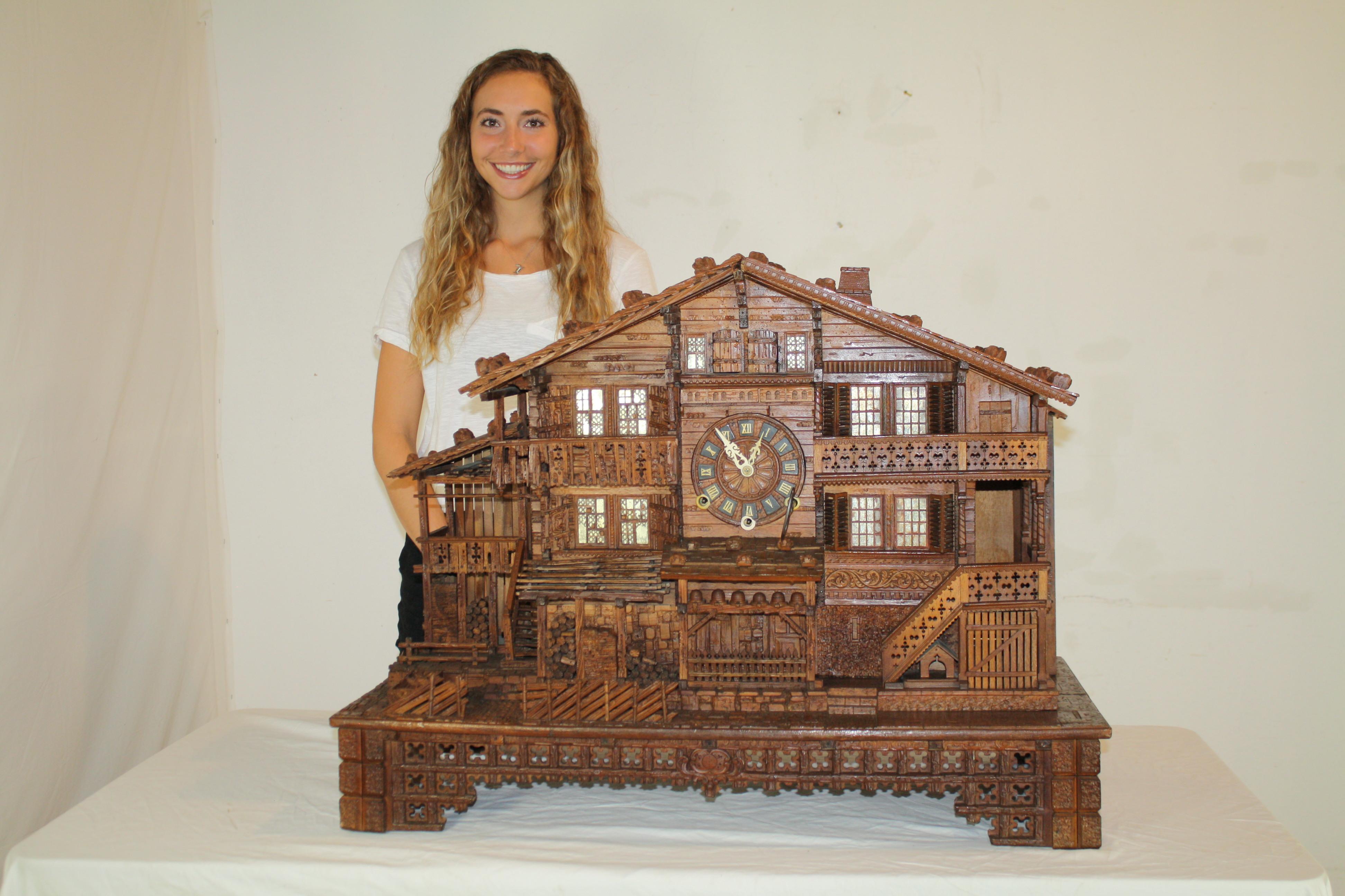 Carved Swiss Black Forest Chalet Clock, circa 1880 For Sale 11