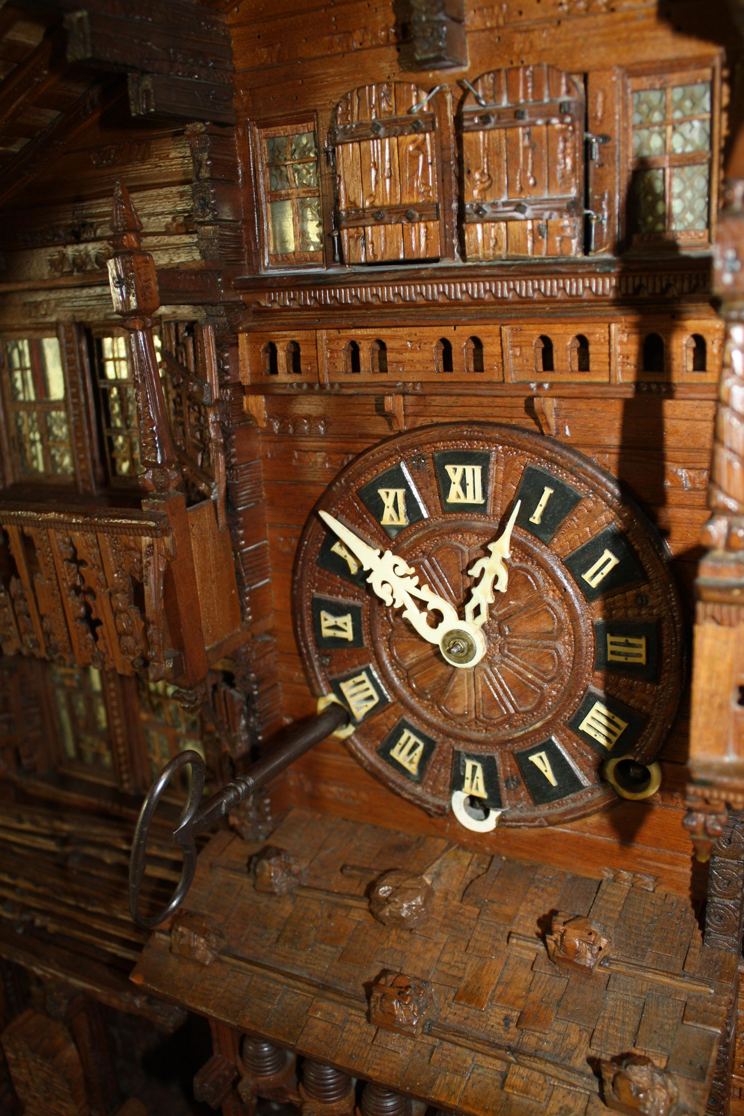 Walnut Carved Swiss Black Forest Chalet Clock, circa 1880 For Sale