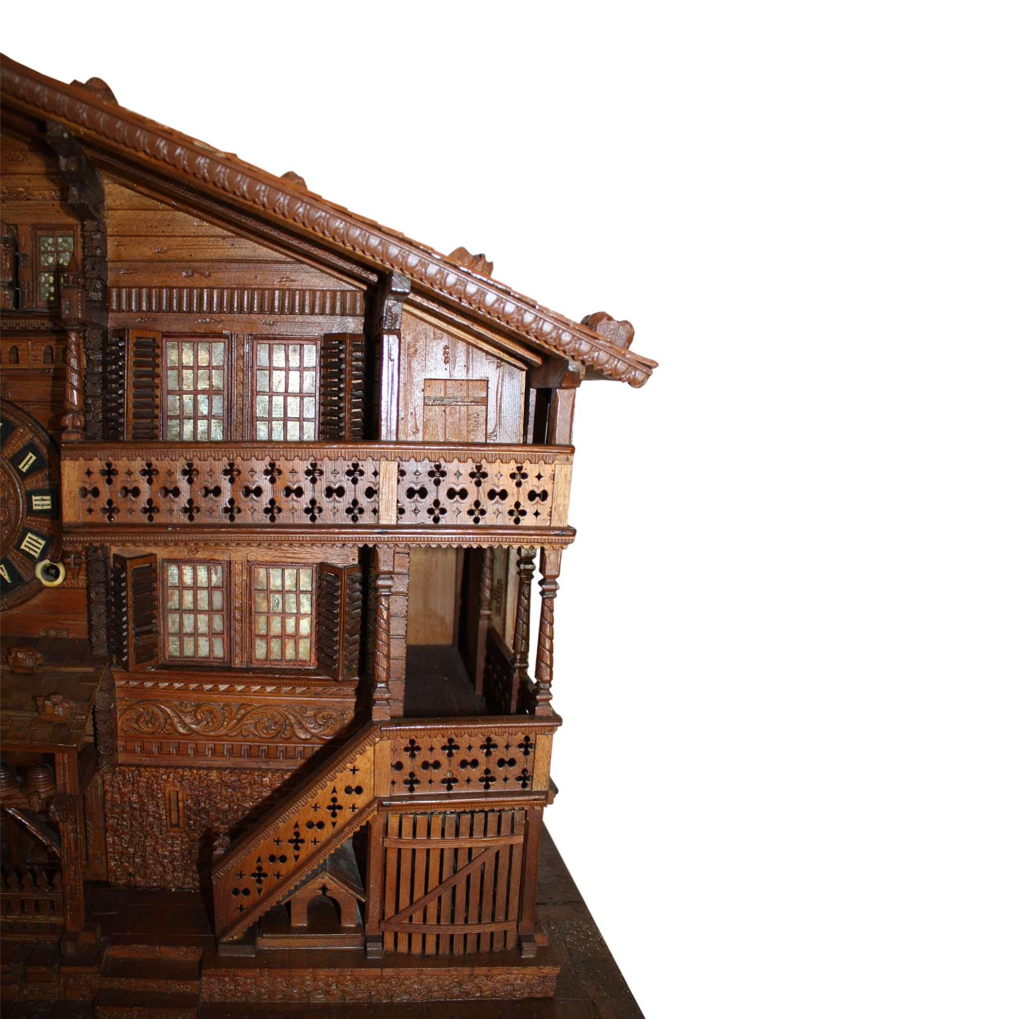 Carved Swiss Black Forest Chalet Clock, circa 1880 For Sale 2