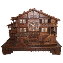 Used Carved Swiss Black Forest Chalet Clock, circa 1880