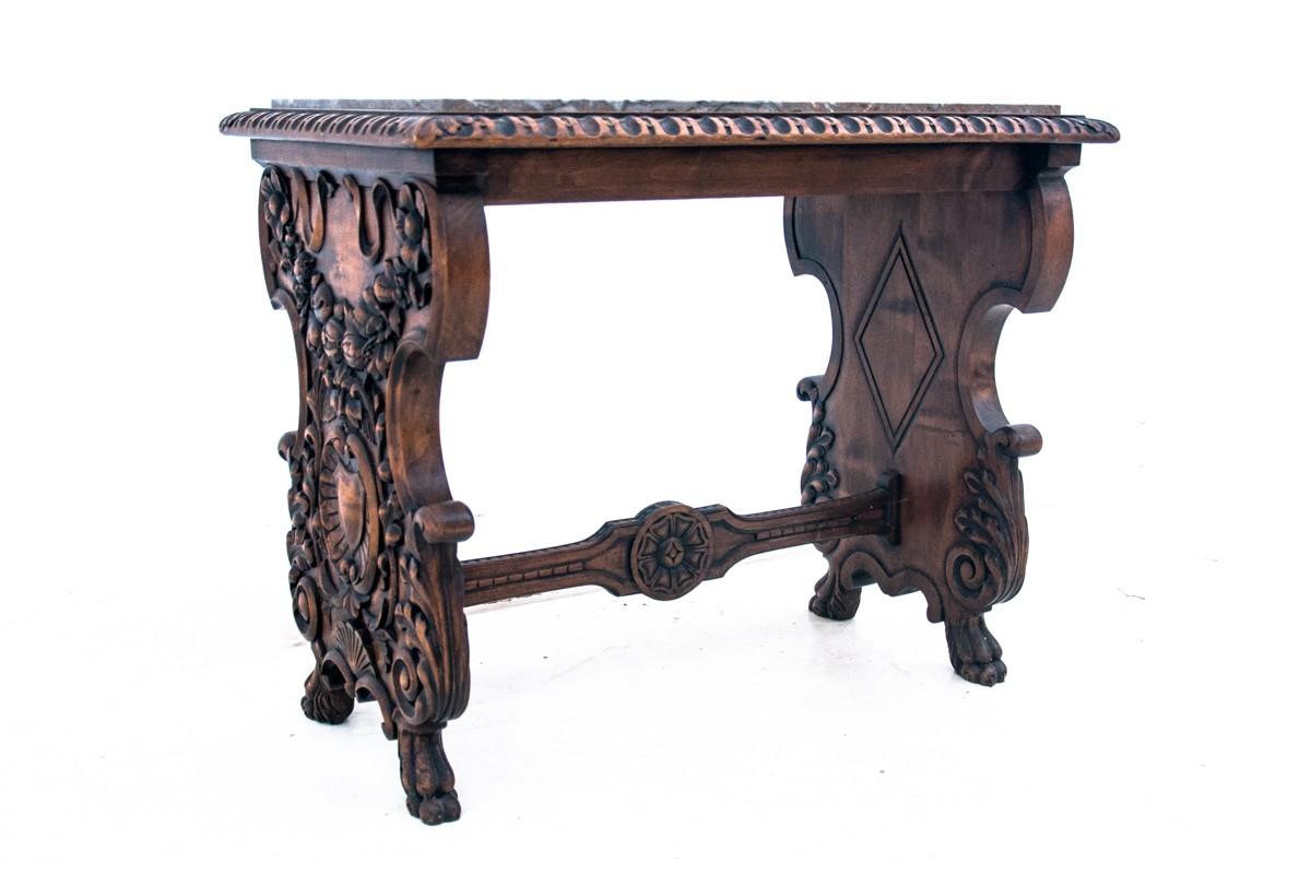 French Carved Table with Marble Top, France, circa 1930