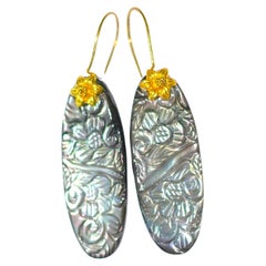 Carved Tahitian Black Mother of Pearl Earrings in 18K Solid Gold