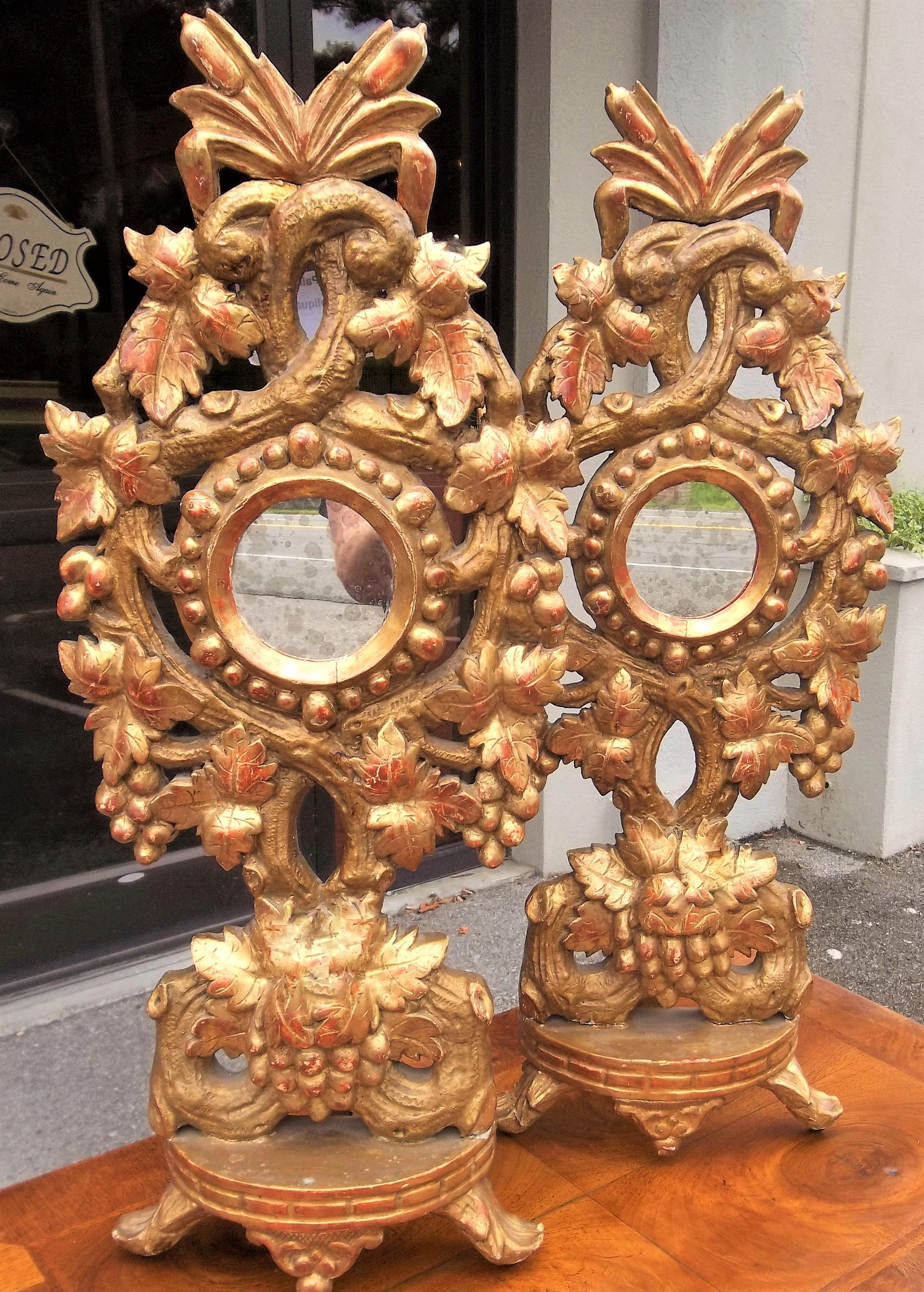 19th Century Carved Tall Pair of Colorful Giltwood Reliquaries or Appliques in Baroque Style