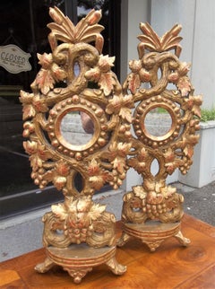 Carved Tall Pair of Colorful Giltwood Reliquaries or Appliques in Baroque Style