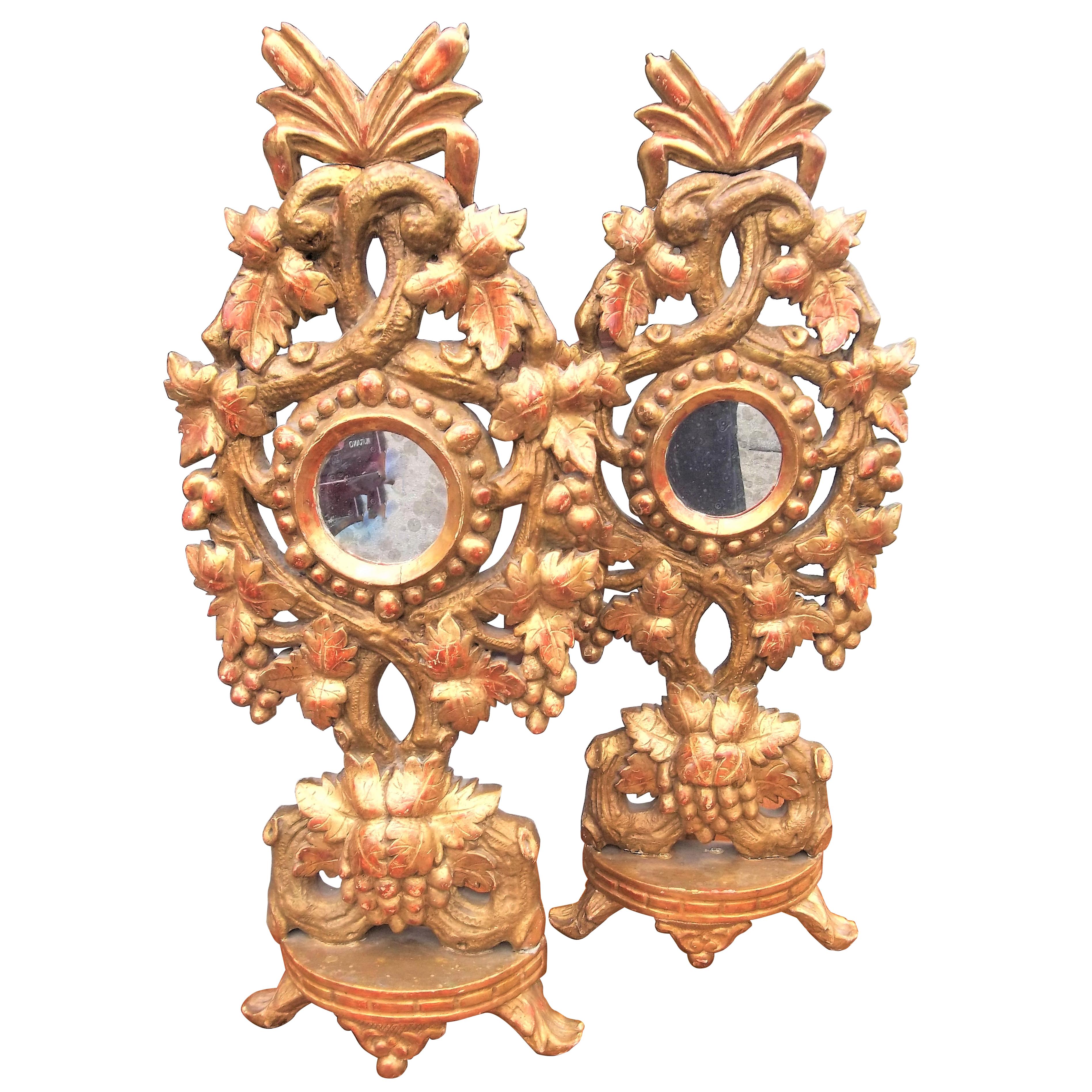 Carved Tall Pair of Colorful Giltwood Reliquaries or Appliques in Baroque Style