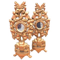 Carved Tall Pair of Colorful Giltwood Reliquaries or Appliques in Baroque Style