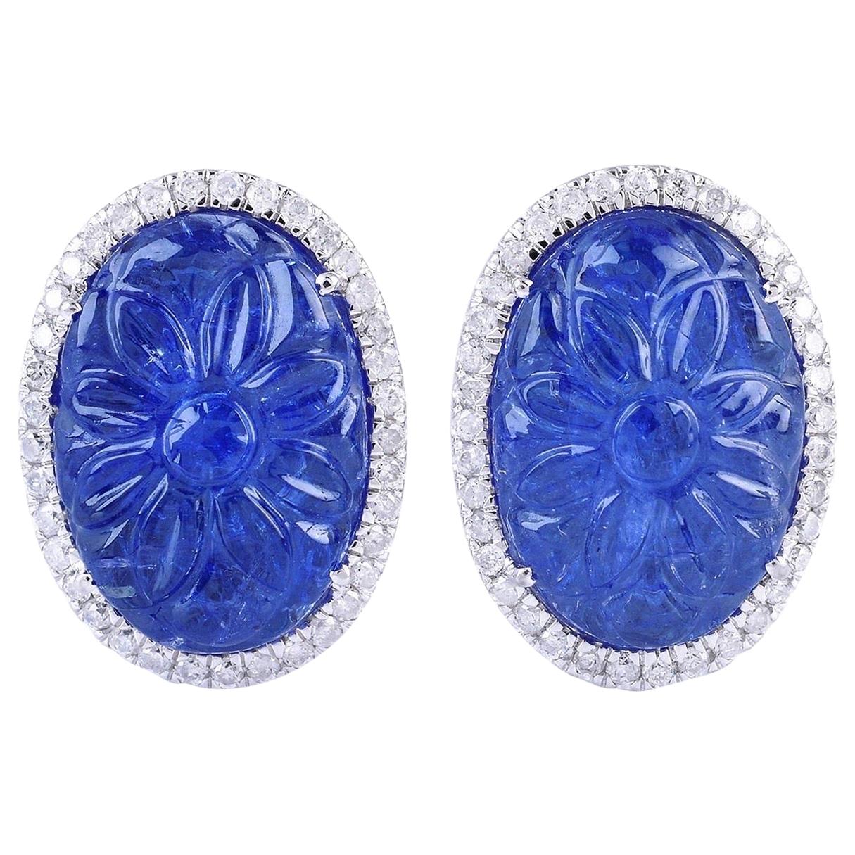 Carved Tanzanite 18 Karat Gold Diamond Oval Stud Earrings