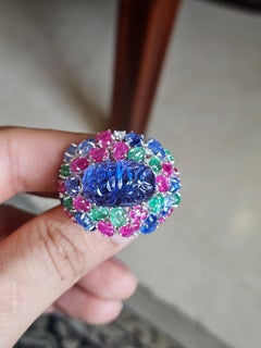 Carved Tanzanite, Blue Sapphire, Emerald, Ruby & Dia Tutti Frutti Cocktail Ring