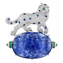 Carved Tanzanite Blue Sapphire Onyx Emerald Diamond 18 Karat Tiger Brooch