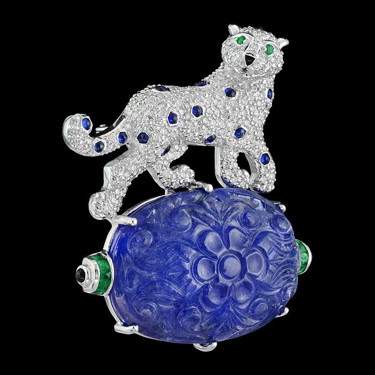 Art Deco Carved Tanzanite Blue Sapphire Onyx Emerald Diamond 18 Karat Tiger Brooch