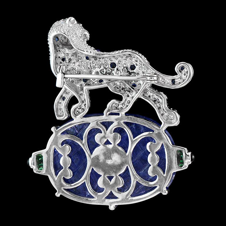 Oval Cut Carved Tanzanite Blue Sapphire Onyx Emerald Diamond 18 Karat Tiger Brooch