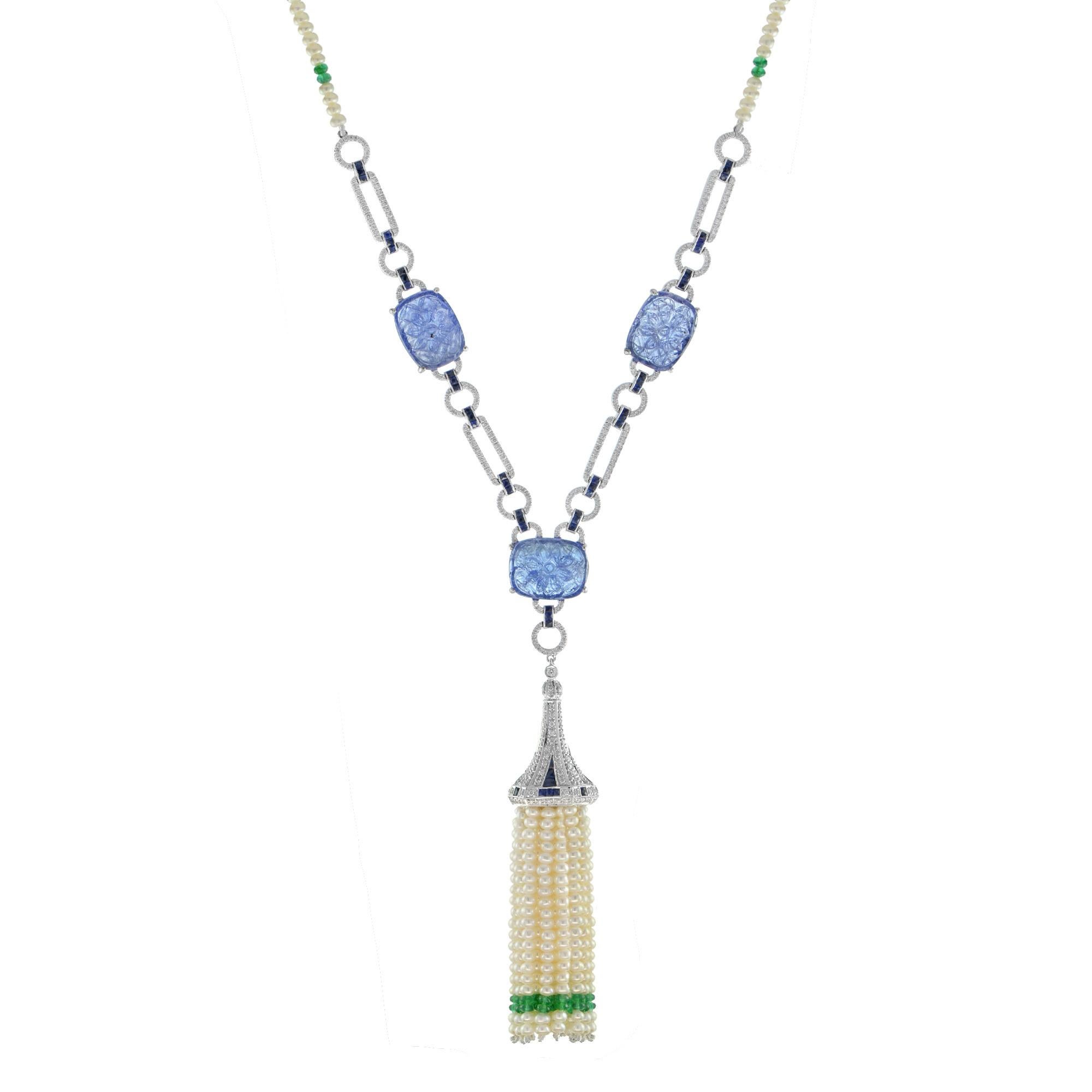 Cushion Cut Carved Tanzanite Diamond Sapphire Emerald Pearl Tassel Necklace in 18k Gold