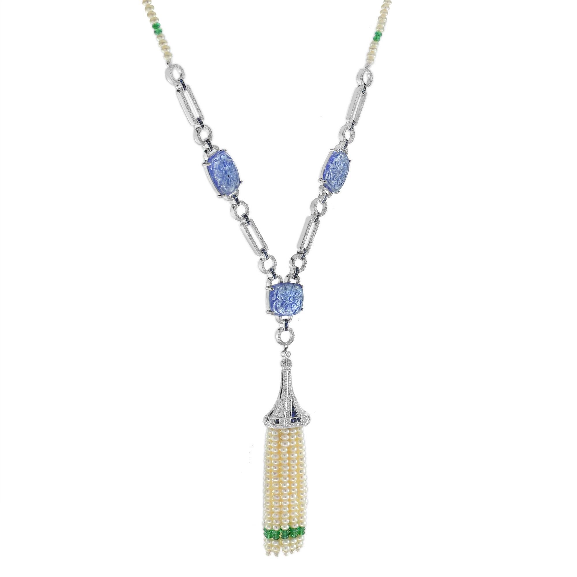 Carved Tanzanite Diamond Sapphire Emerald Pearl Tassel Necklace in 18k Gold In New Condition In Bangkok, TH