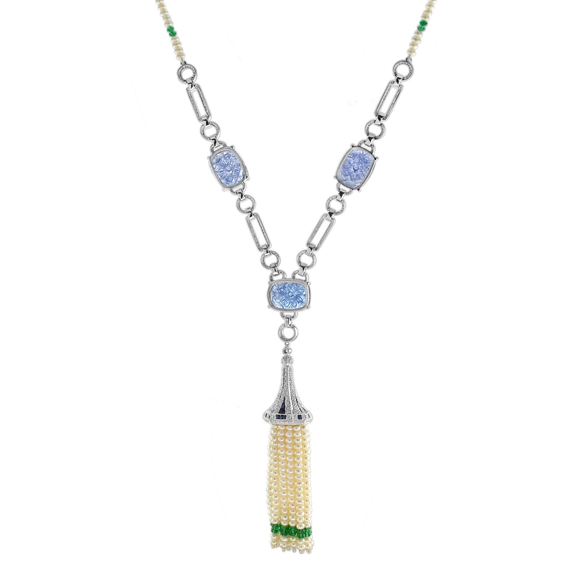 Women's Carved Tanzanite Diamond Sapphire Emerald Pearl Tassel Necklace in 18k Gold