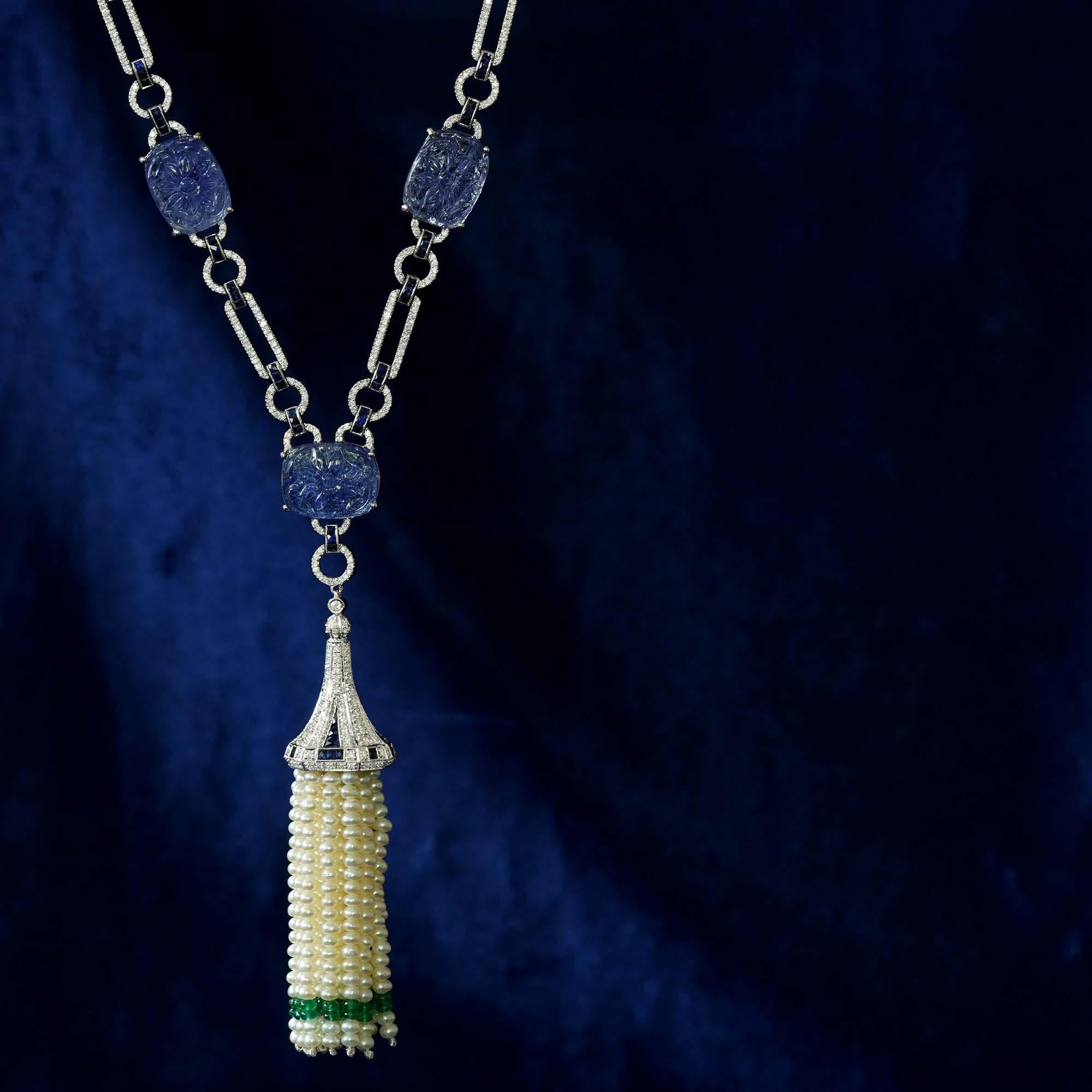 Art Deco Carved Tanzanite Diamond Sapphire Emerald Pearl Tassel Necklace in 18k Gold