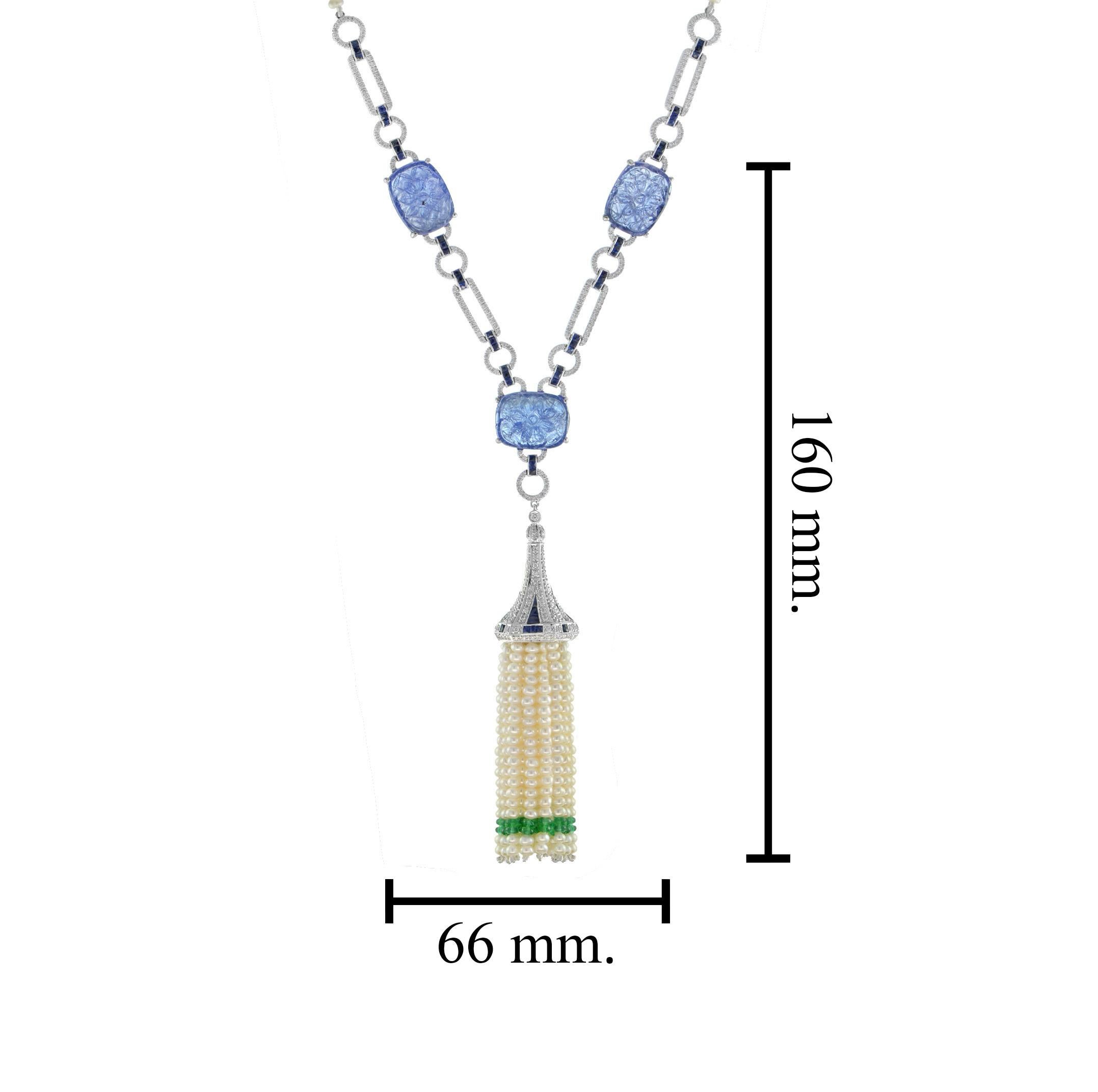 Geschnitzte Tansanit-Diamant-Saphir-Smaragd-Perlen-Quastenkette aus 18k Gold 2