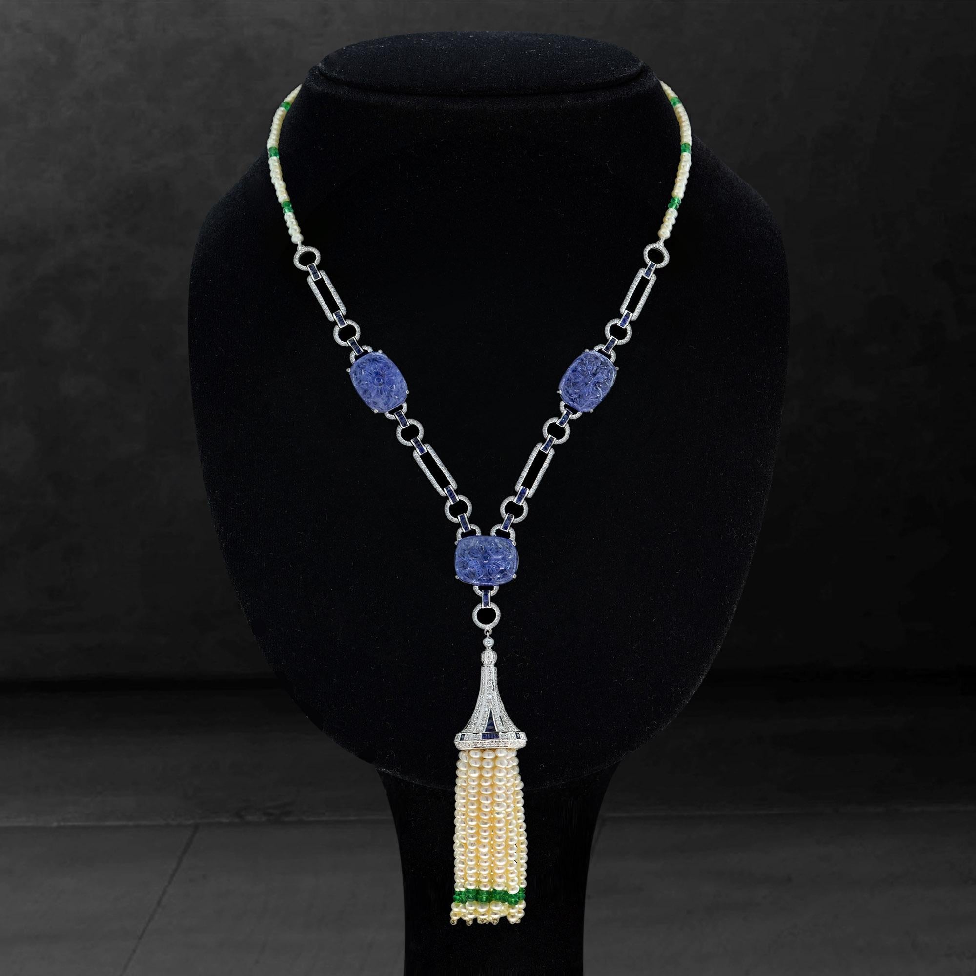 Carved Tanzanite Diamond Sapphire Emerald Pearl Tassel Necklace in 18k Gold 3