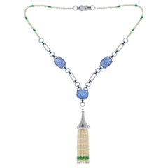 Carved Tanzanite Diamond Sapphire Emerald Pearl Tassel Necklace in 18k Gold