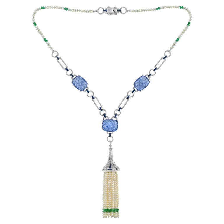 Carved Tanzanite Diamond Sapphire Emerald Pearl Tassel Necklace in 18k Gold For Sale at 1stDibs