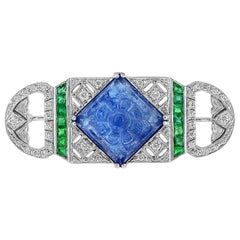 Carved Tanzanite Emerald Diamond 18 Karat White Gold Brooch