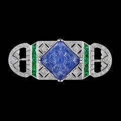 Carved Tanzanite Emerald Diamond 18 Karat White Gold Brooch