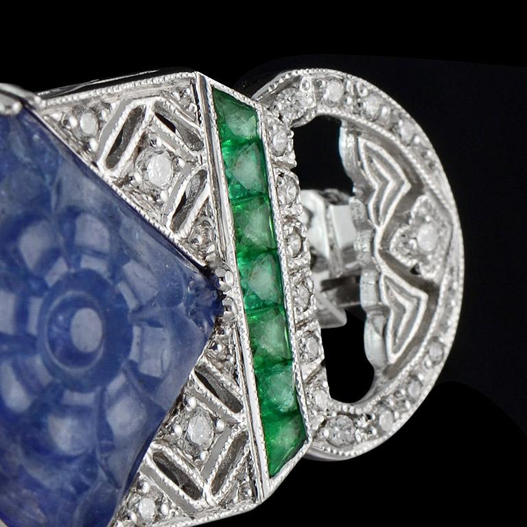 Women's or Men's Carved Tanzanite Emerald Diamond 18 Karat White Gold Brooch