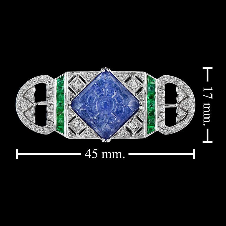 Carved Tanzanite Emerald Diamond 18 Karat White Gold Brooch 1