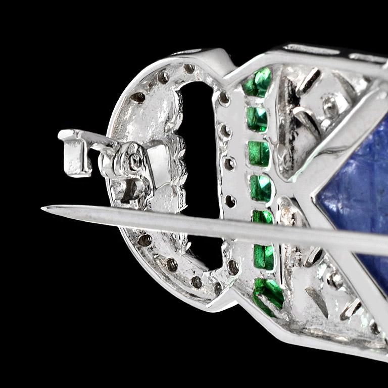 Carved Tanzanite Emerald Diamond 18 Karat White Gold Brooch 2
