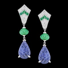 Carved Tanzanite Emerald Diamond Earrings