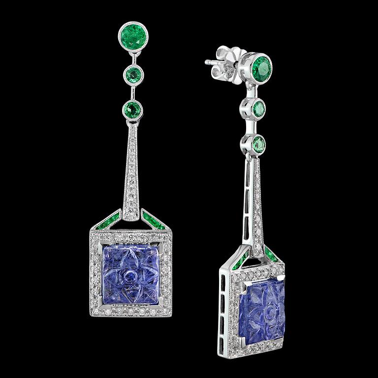 Art Deco Carved Tanzanite Emerald Diamond Earrings