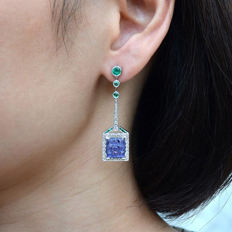 Carved Tanzanite Emerald Diamond Earrings 2