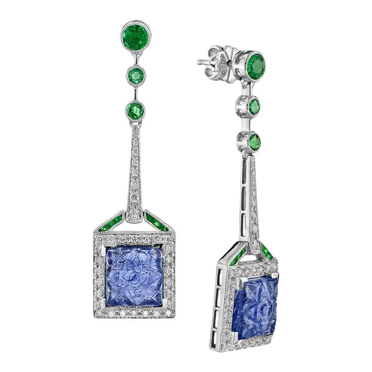 Carved Tanzanite Emerald Diamond Earrings