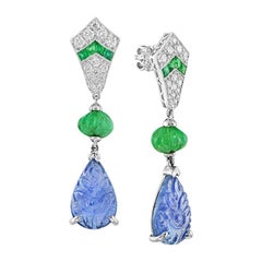 Carved Tanzanite Emerald Diamond Earrings