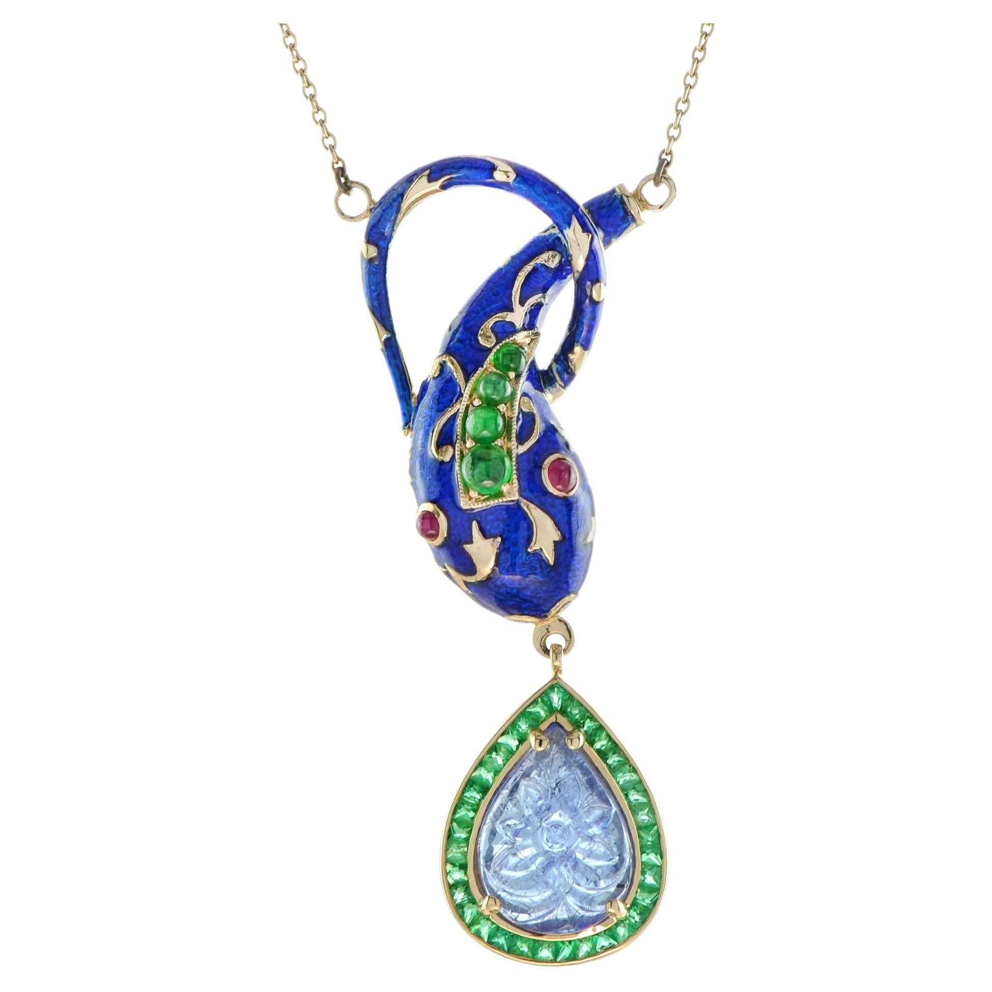Carved Tanzanite Emerald Ruby Enamel Snake Necklace in 9k Yellow Gold For Sale