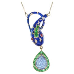 Carved Tanzanite Emerald Ruby Enamel Snake Necklace in 9k Yellow Gold