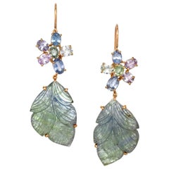 Joon Han Carved Tanzanite Leaf Multi Sapphire 18 Karat Rose Gold Drop Earrings