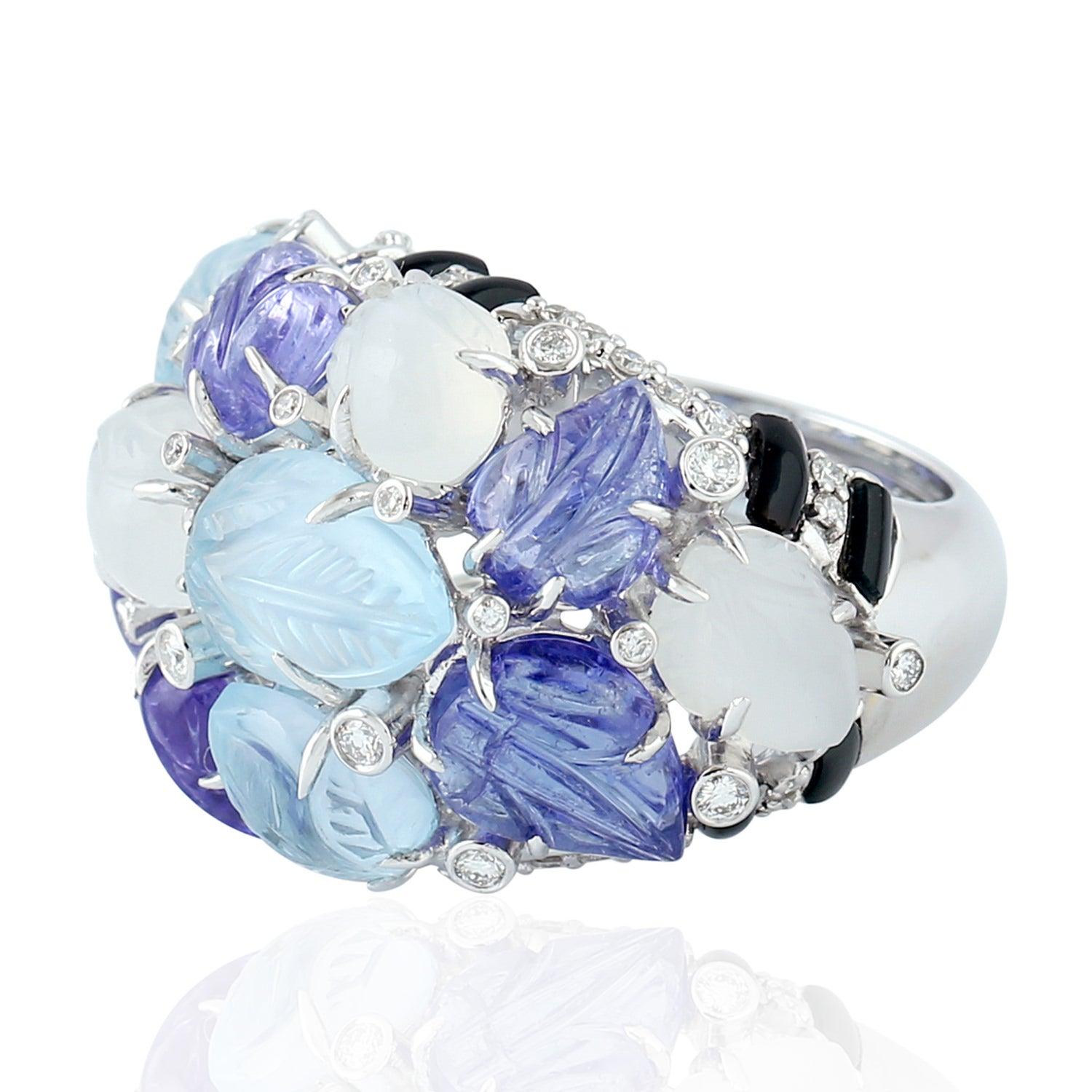 For Sale:  Carved Tanzanite Moonstone Diamond 18 Karat Gold Leaf Ring 3