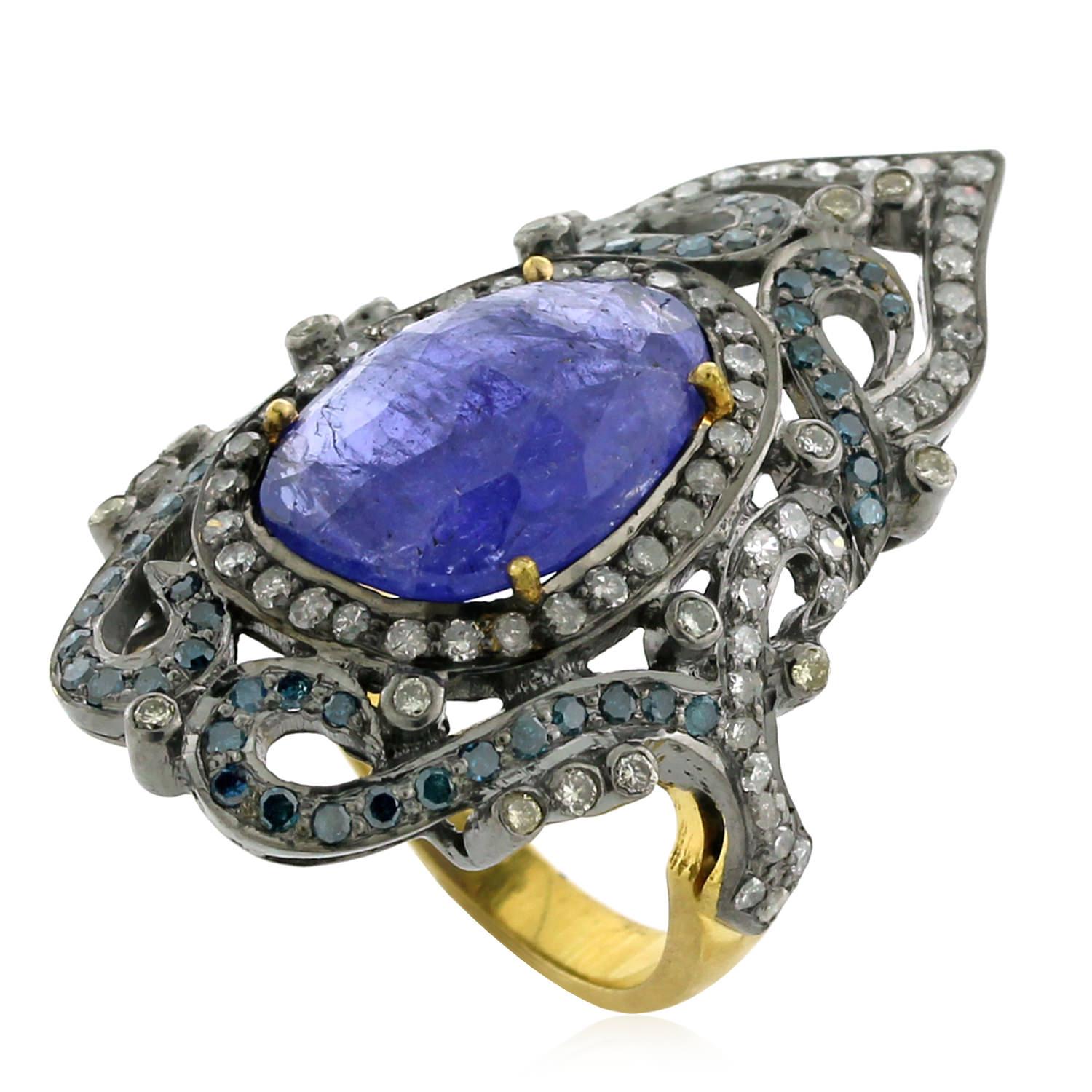 Artisan Faceted Tanzanite & Pave Diamond Ring In Crown Shape Made in 18k Gold & Silver For Sale